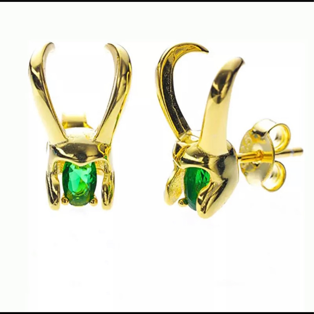 Marvel’s Loki Gold Plated Helmet and Green Crystal Stud Earrings - Picture 4 of 4